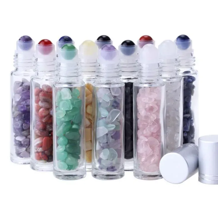 Natural Gemstone Essential Oil Roller Ball Bottles Clear Perfumes Oil Crystal Quartz Stone Roll On Bottles10ml