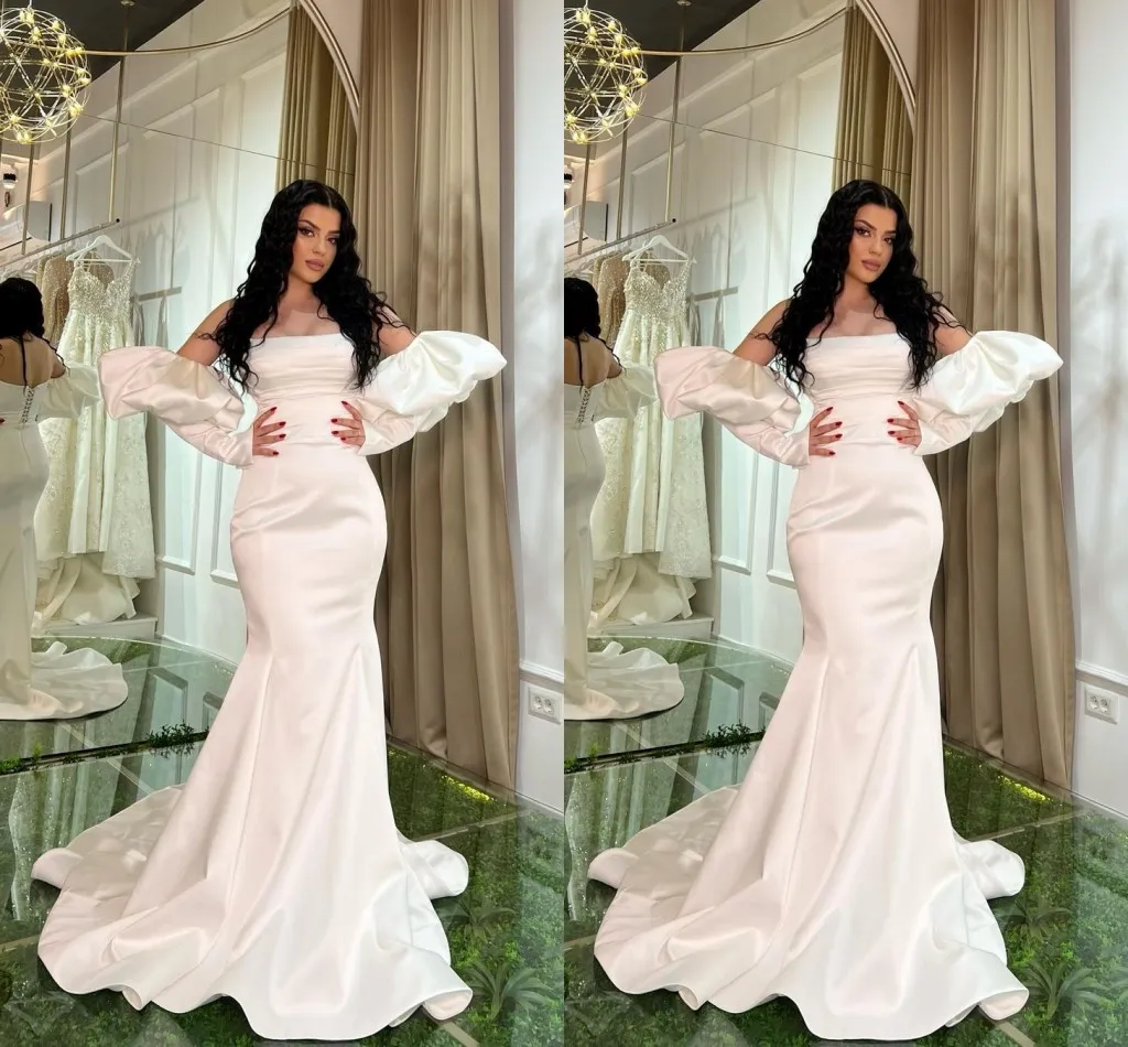 Elegant Simple Plus Size Mermaid Wedding Dresses for Bride Strapless Long Puffy Sleeves Draped Pleats Lace Up Back Sweep Train Bridal Gowns Custom Made