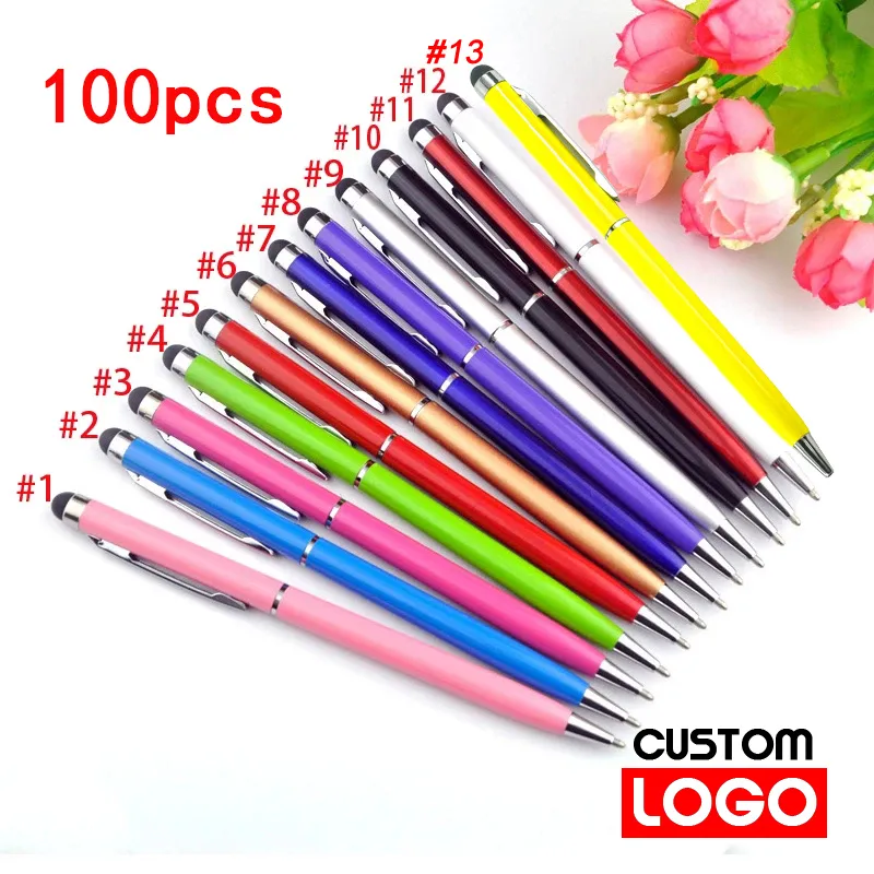 Bollpunktspennor 100 pennor av varje paket Mini Metal 2in1 Stylus Universal Pen Text Gravering Custom Office School Advertising 230608