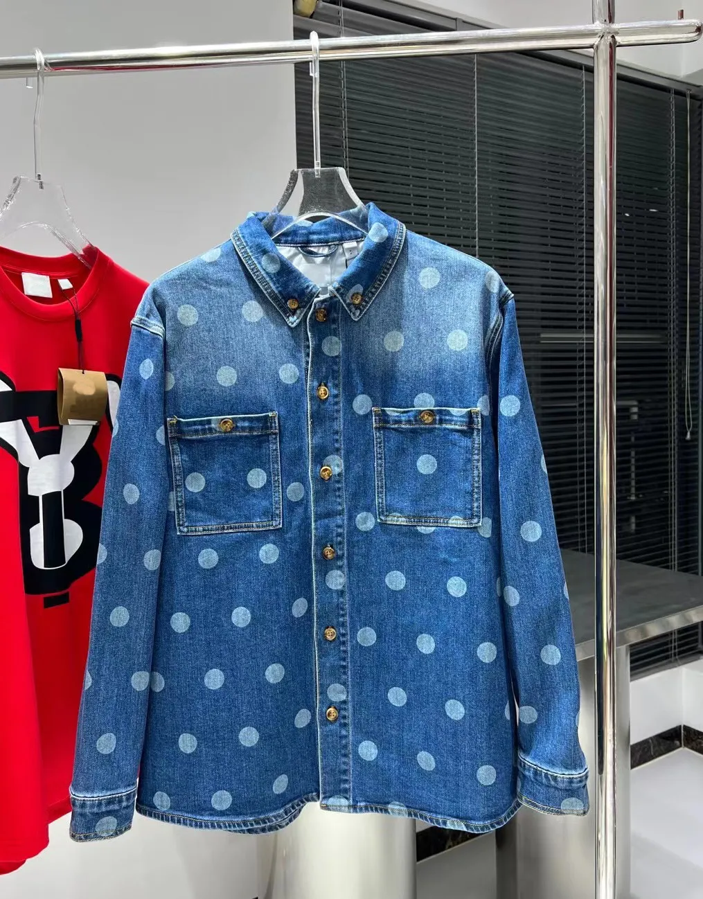 Le dernier printemps et l'automne veste de créateur de mode conception d'impression à pois taille européenne Blue Jean Jacket marque de luxe mens belle chemise veste