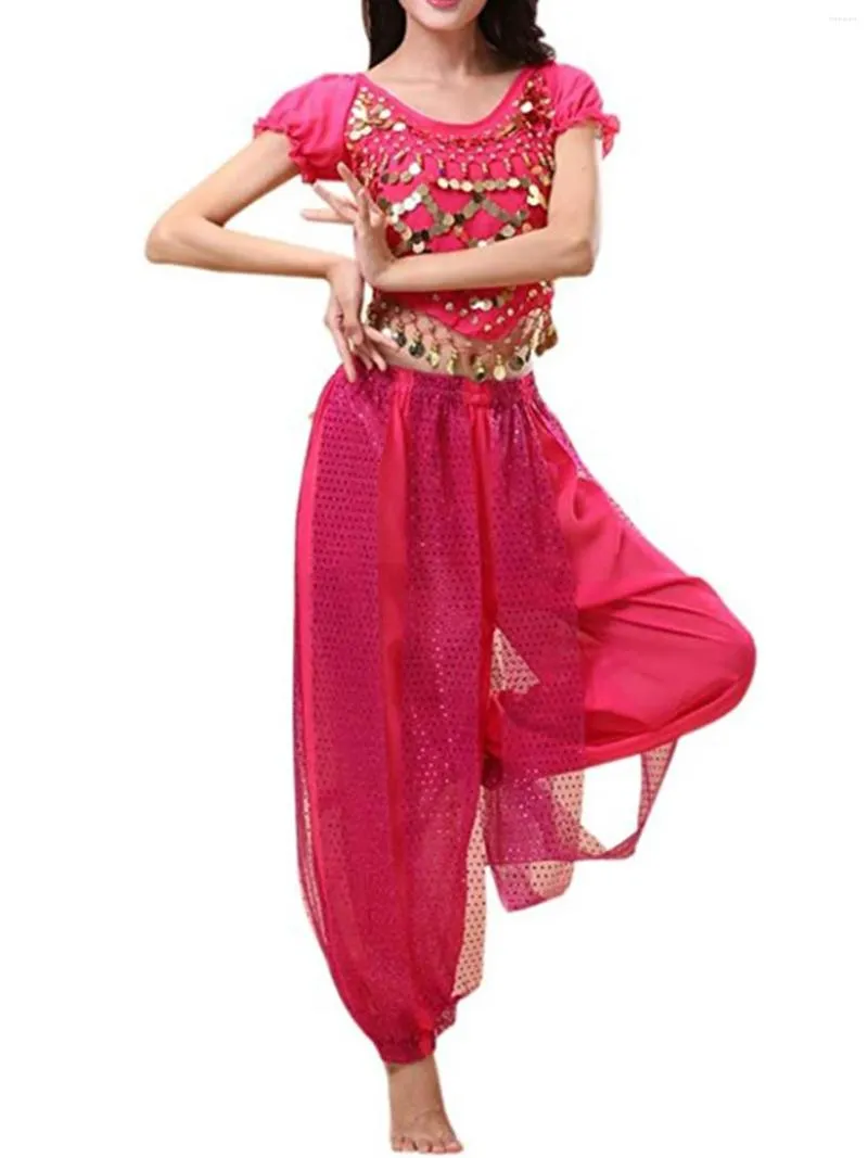 Stage Wear Costume da danza del ventre con paillettes luccicanti per donna Canotta con maniche a sbuffo Canotta con lacci sul retro Crop Harem Pants Set Dancer Outfit