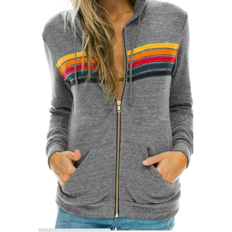 Women's Hoodies & Sweatshirts Women Fashion Hoodie Oversized Rainbow Stripe Long Sleeve Sweatshirt Zipper Pocket Jacket