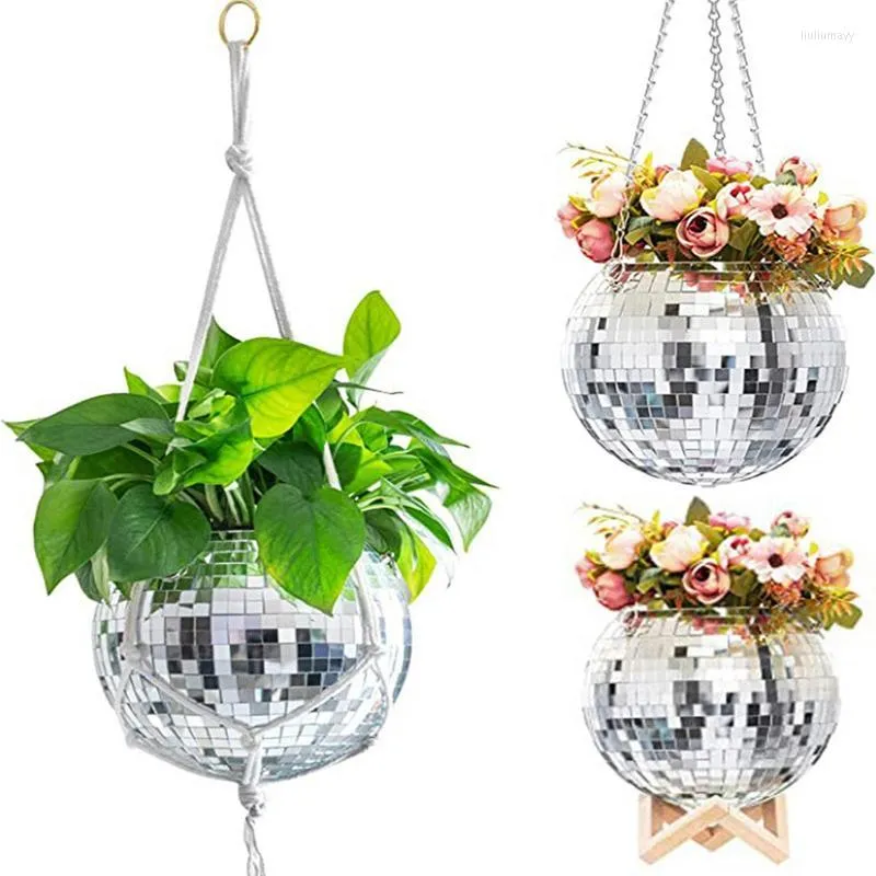 Vases boule Disco Pot de jardinière avec chaîne miroir réfléchissant fleur boules suspendues Pots succulents décoration de jardin à la maison