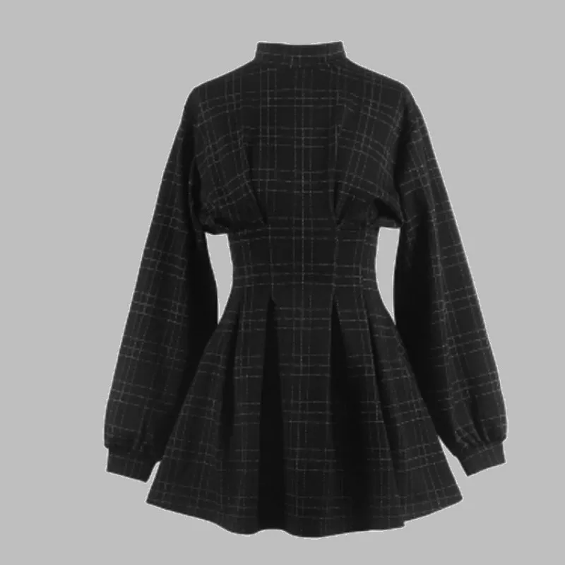 Goth Dress Gothic Harajuku Vintage Plaid Wrap Balck Mini Dress Retro Pleated Punk Long Sleeve Dark Emo Aesthetic