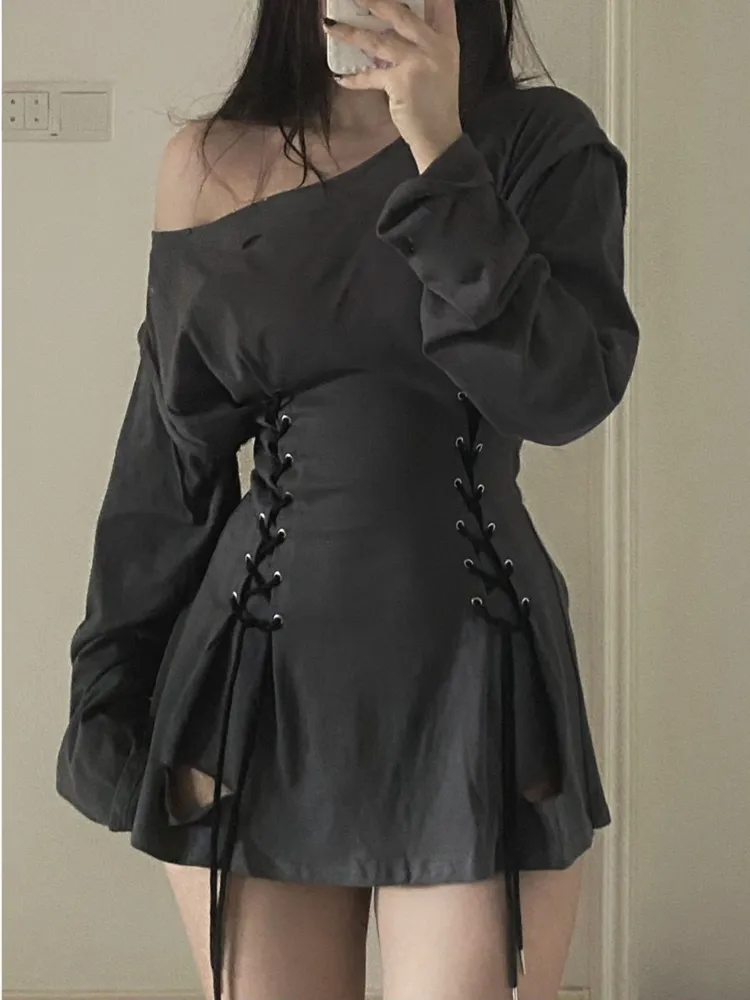 Fairycore Grunge Goth corset skirts Dress - Aesthetic Harajuku Streetwear Bandage Slim Bodycon Dress for Women - Y2K 90s Indie Style (230608)