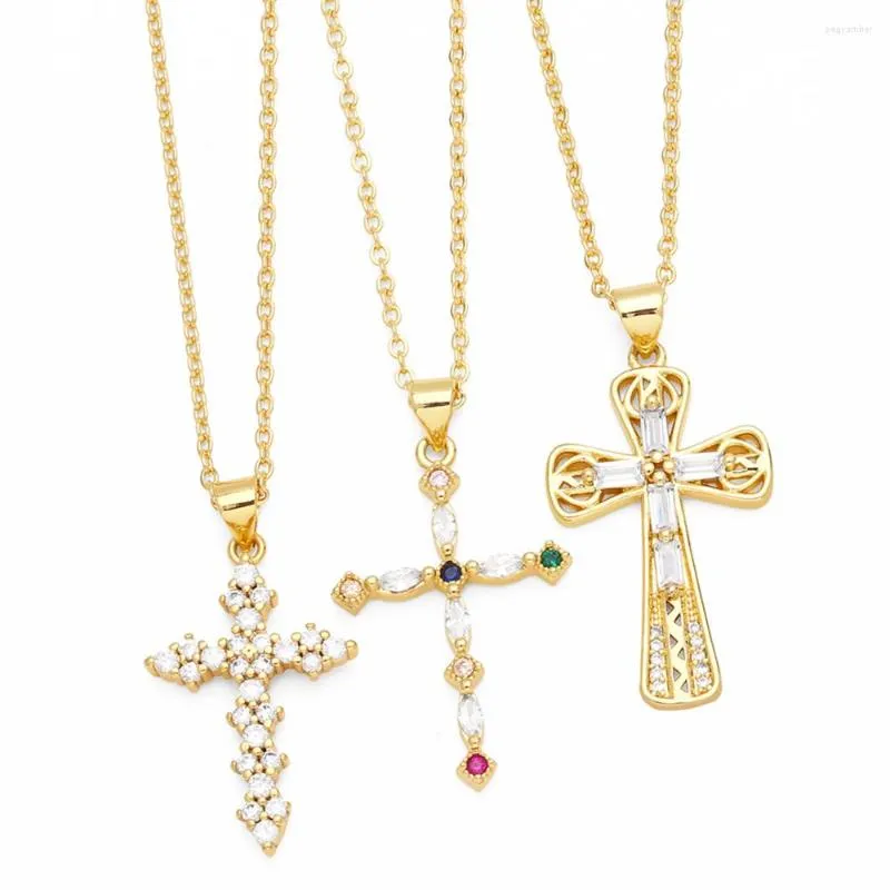 Pendant Necklaces Cubic Zirconia Jesus Cross For Women Copper Gold Plated Short Religious Jewelry Protection Gifts Nkes64