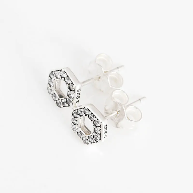 Pandora Authentic Sterling Silver Hexagon Stud Earrings with Crystal Diamonds in Original Box