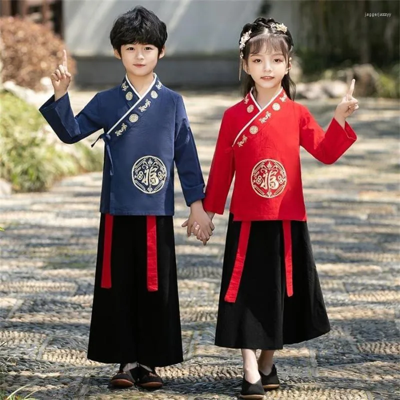 Vêtements de scène Hanfu Garçons Fille Traditionnelle Chinoise Robe École Vêtements Style Ancien Enfants Performance Étudiants Rouge Moderne Enfants