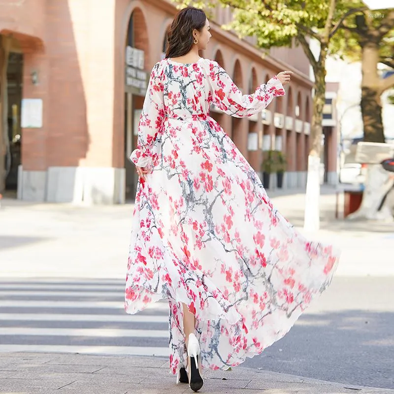 Robes Décontractées Plus La Taille À Manches Longues Bohême Floral Plage Invité De Mariage Demoiselle D'honneur Maxi Robe D'été Lâche Boho En Mousseline De Soie Poshoot Robe D'été