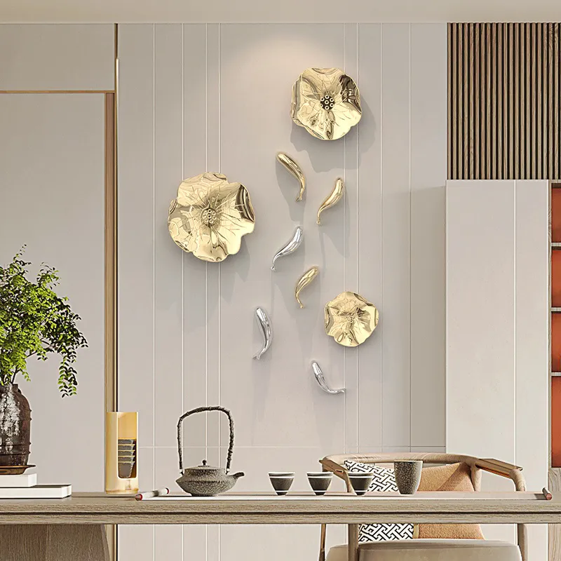 Decorative Objects Figurines Stereo Resin Background Wall Decoration Carp Fish Lotus Leaf Gold Wall Pendant Chinese Bionics Home Decoration Accessories 230608