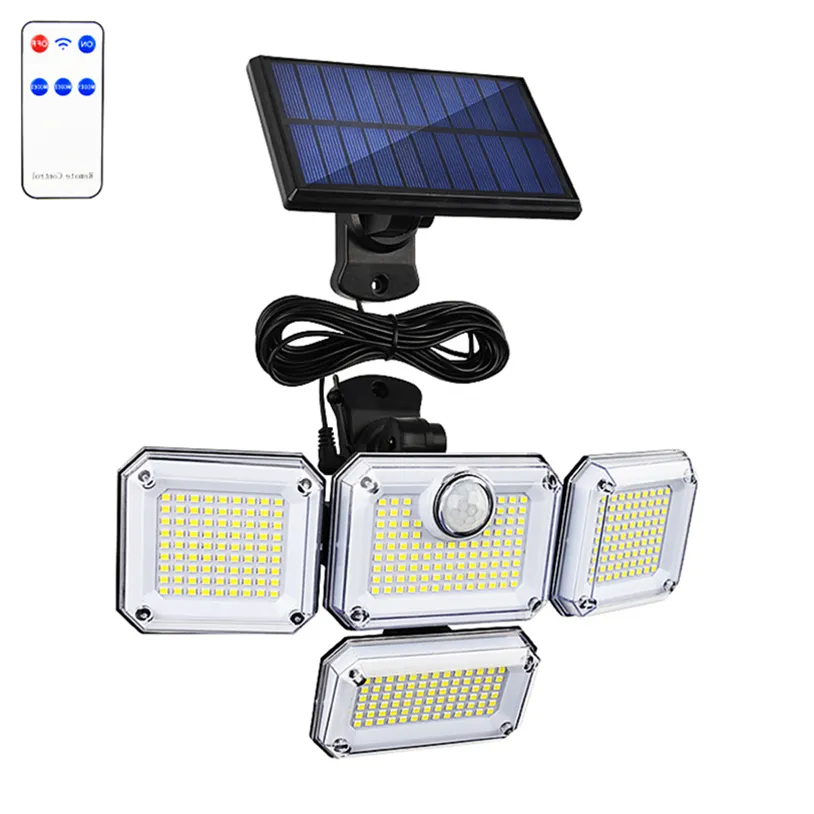 Lâmpada de parede ao ar livre Luzes solares, 226 LED sensor de movimento Flood Light, 3 cabeças com 3 modos, à prova d'água, segurança remota iluminação de grande angular garagem jardim paisagem interna