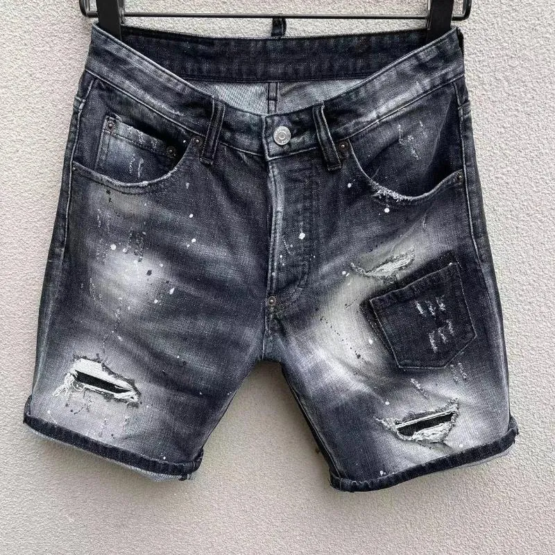 Jeans Masculino 2023 Masculino Preto Riscado Bolso Rasgado Moda Curto Esticado D089#
