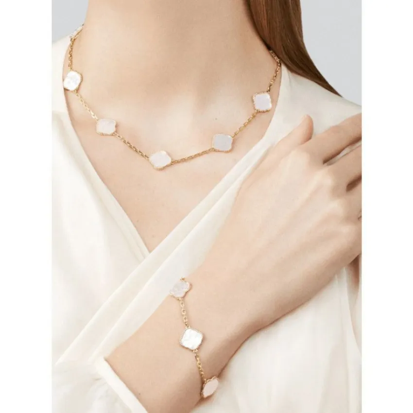 Ingen blekning av dubbelsidig klöverhalsband armband 18K guldpläterad rostfritt stål smycken för kvinnor gåva