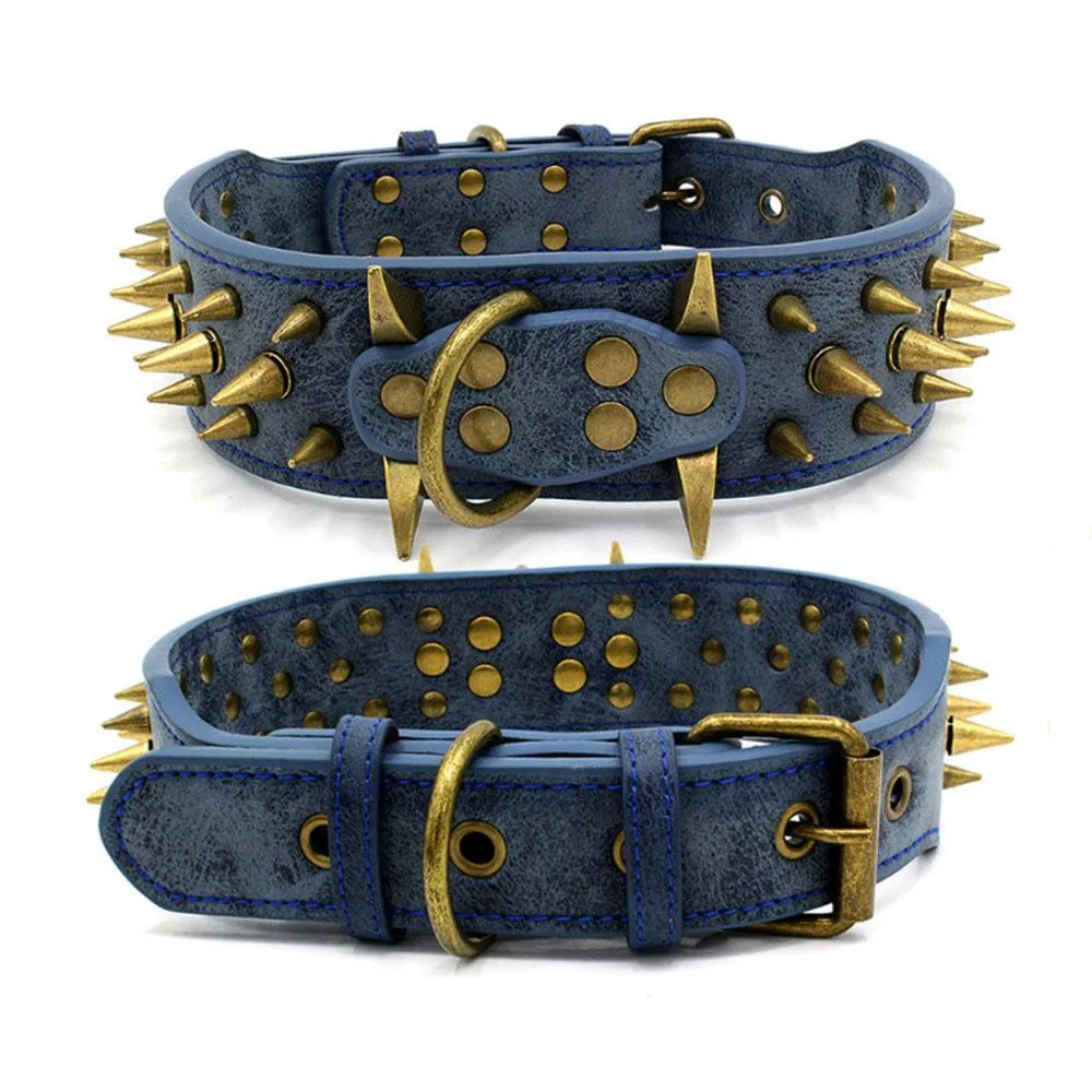 Halsbanden Retro koperen spikes bezaaide halsband voor grote honden Duitse herder Mastiff Rottweiler Bulldog 2 "verbreden PU lederen huisdierhalsband