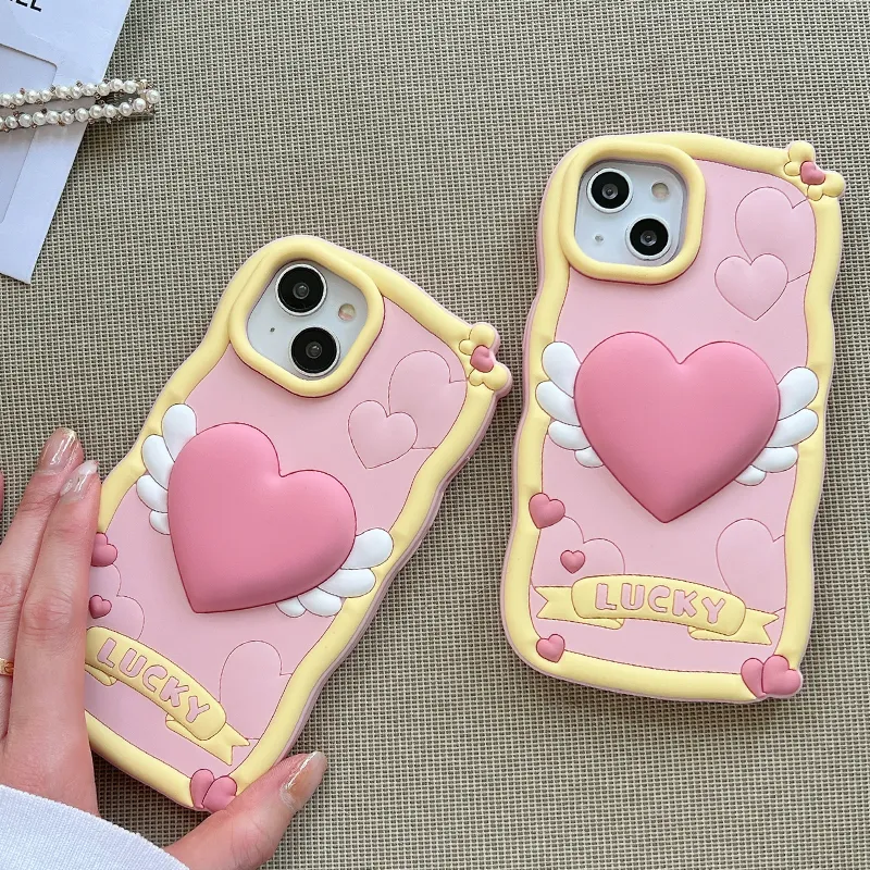 gratis dhl grossist 3d tecknad film Sydkorea pop söt 3d kärlek hjärtvinge rosa telefon fodral för iPhone 14 13 12 i11 pro max mjuk silikonöverdrag