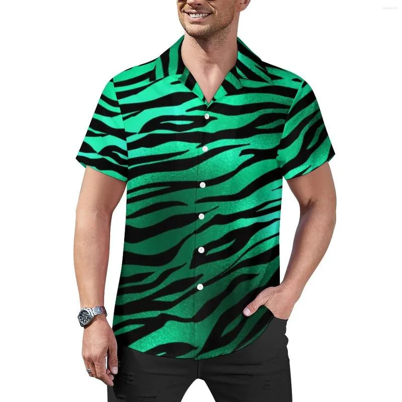 Men's Casual Shirts Zebra Print Loose Shirt Man Vacation Green And Black Stripes Hawaiian Design Short Sleeve Cool Oversized Blouses