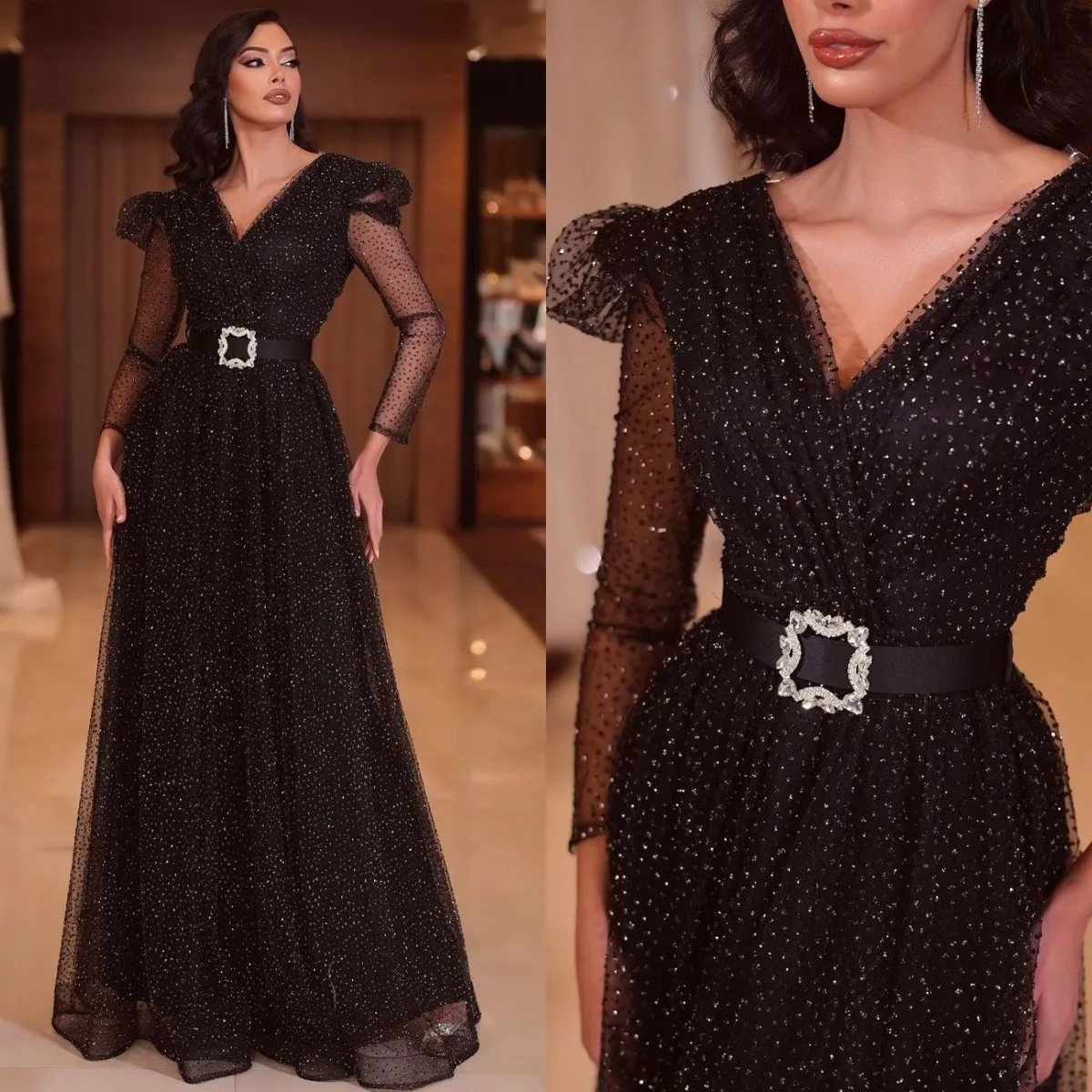 Elegante zwarte avondjurk met V-hals, pure kralen, lange mouwen, feestjurken, vloerlengte, formele lange jurk voor speciale gelegenheden