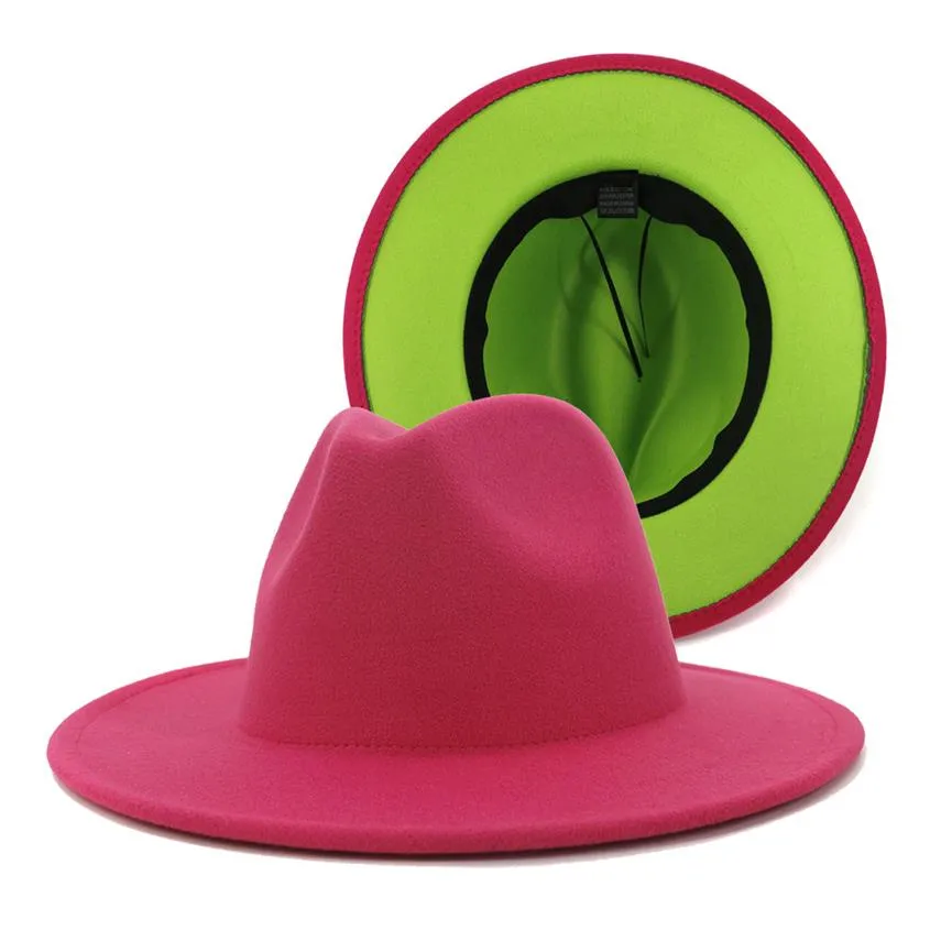 2020 New Pink and Lime Patchwork Lã Feltro Fedora Hats Feminino Aba Grande Panama Trilby Jazz Cap Derby Hat Sombrero Mujer283W