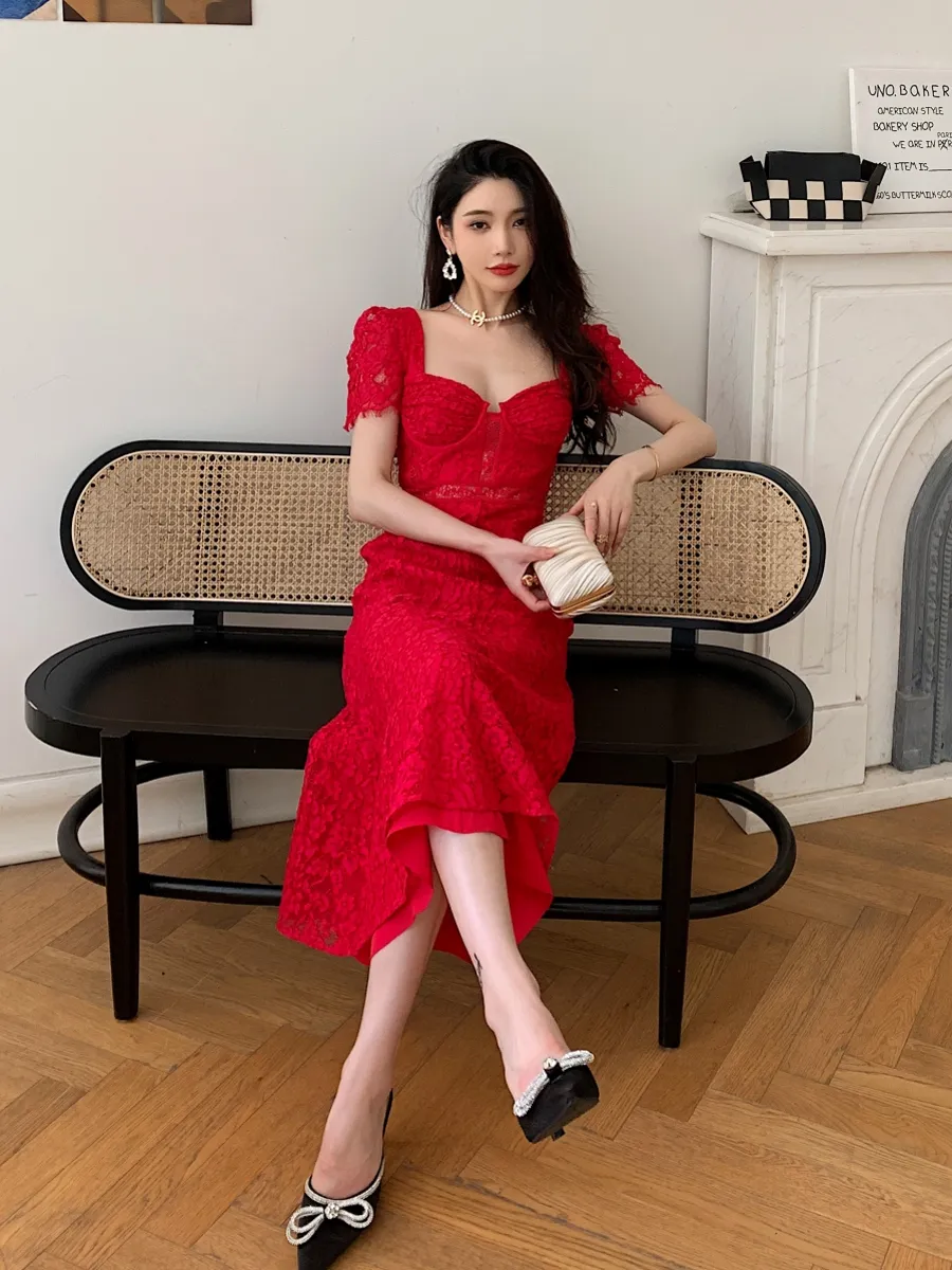 fitted lace wedding dress Burgundy Satin Short Prom Dress with Bow, Cute Short Sleeve Evening Pa main image 1