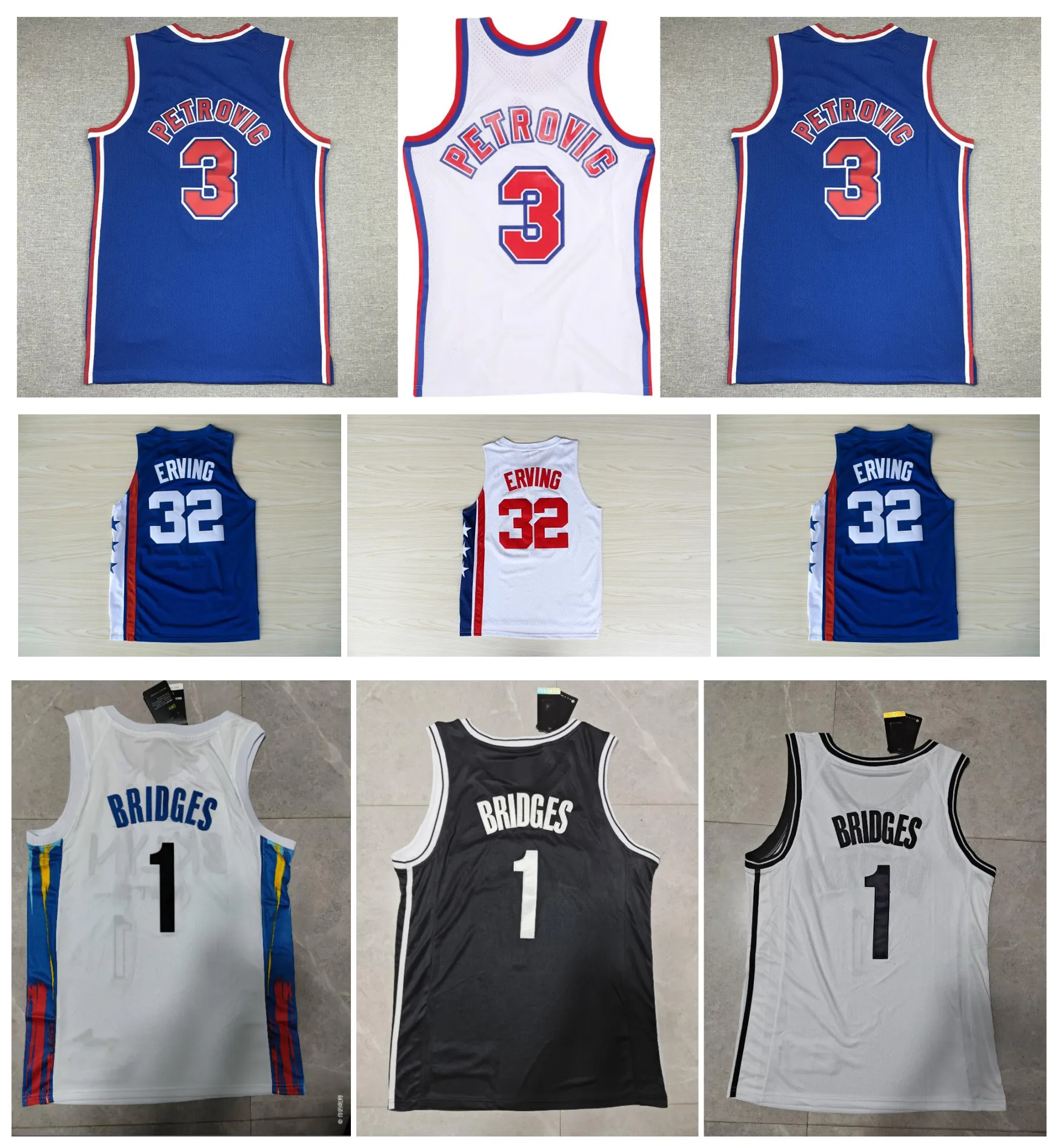 Net Drazen Petrovic Basketball Jersey New Jersey Mikal Bridges Throwback Julius Erving White Blue Black Taille S-xxl