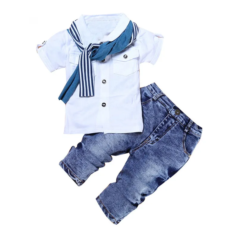 3pc/set kids Baby Boy Clothes Casual white T Shirt Scarf Jeans 2021 Summer Child Kids For Toddler Boys Clothes 2 3 4 5 6 year