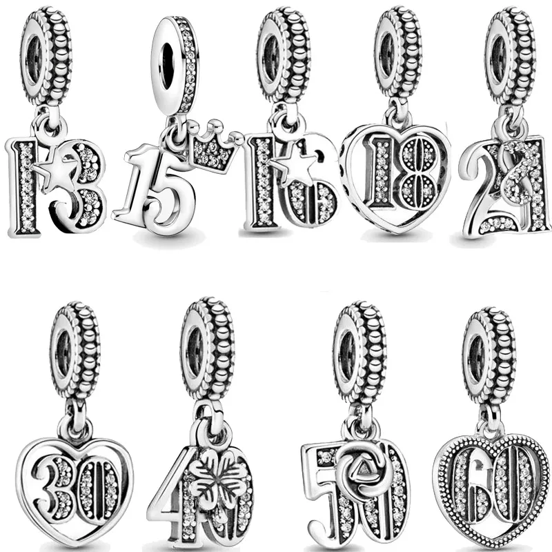 Pandora-925 Sterling Silver Dangle Charms Classic Pamiłające urodziny cyfrowe ozdoby regulowane bransoletki, wolne pudełko pandora po zakupie