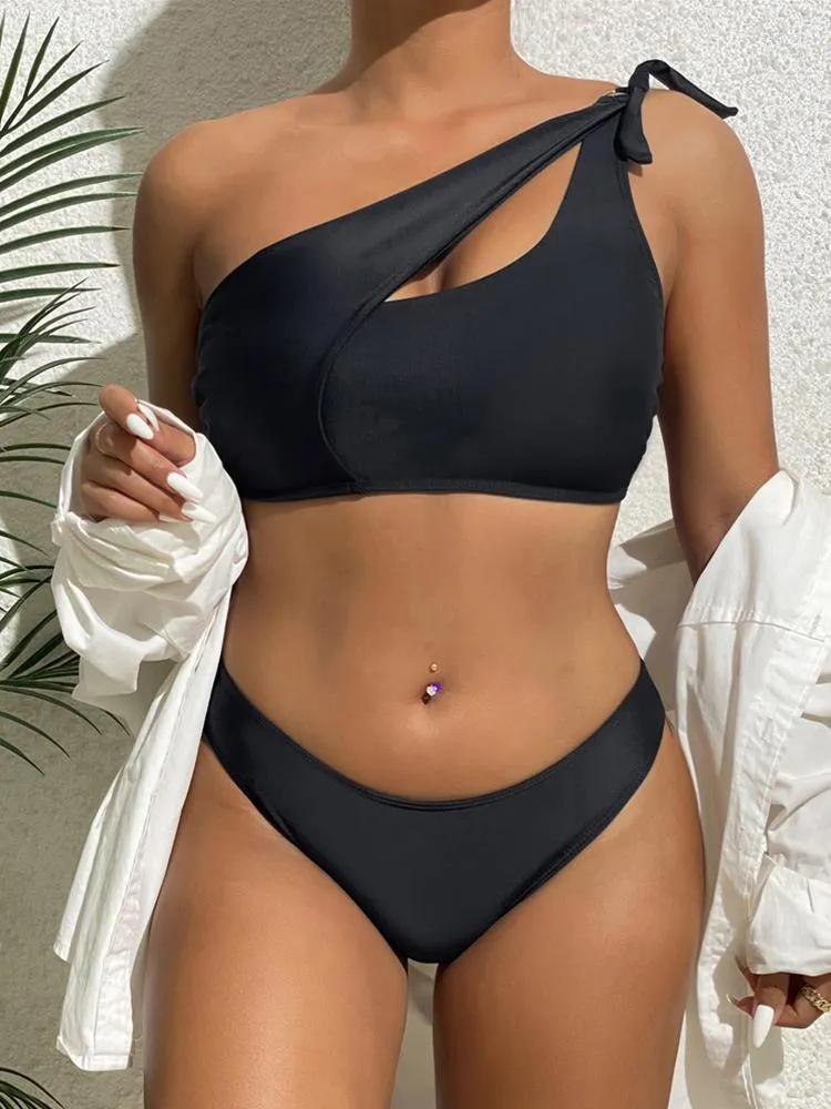 2023 Womens Solid Black Micro Bikini Set One Shoulder Push Up Cut Out