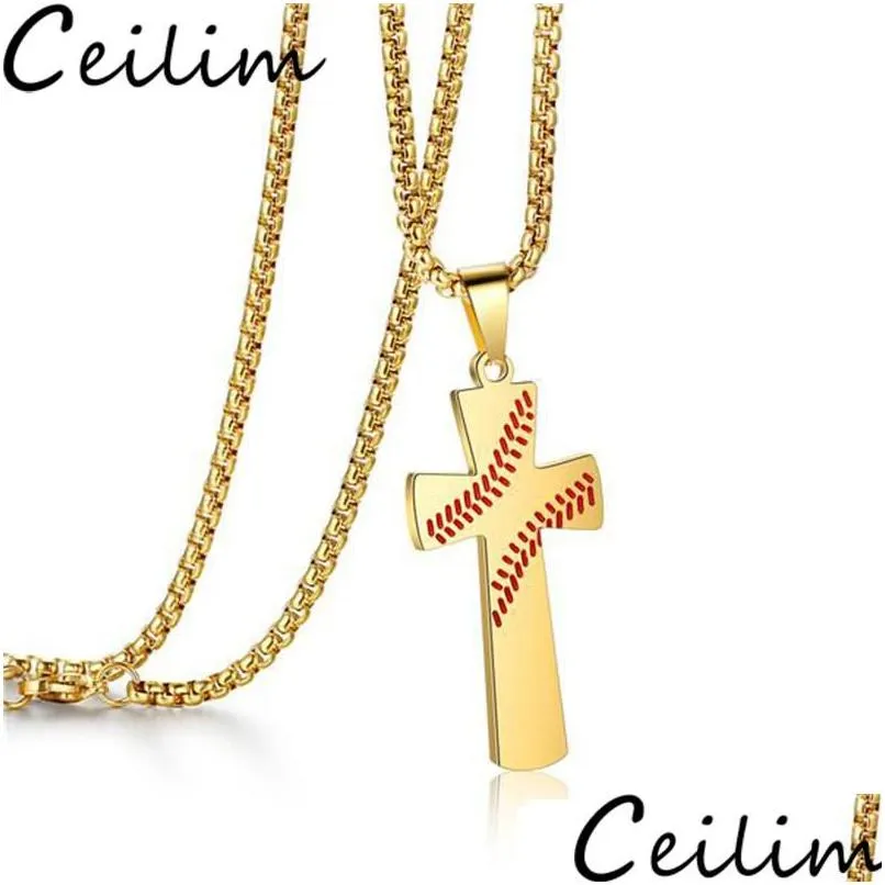 Pendant Necklaces Fashion Cross Pendants Sporting Baseball Golden Color Christ Jesus Stainless Steel Necklace Religious Jewelry Drop Dhl3D