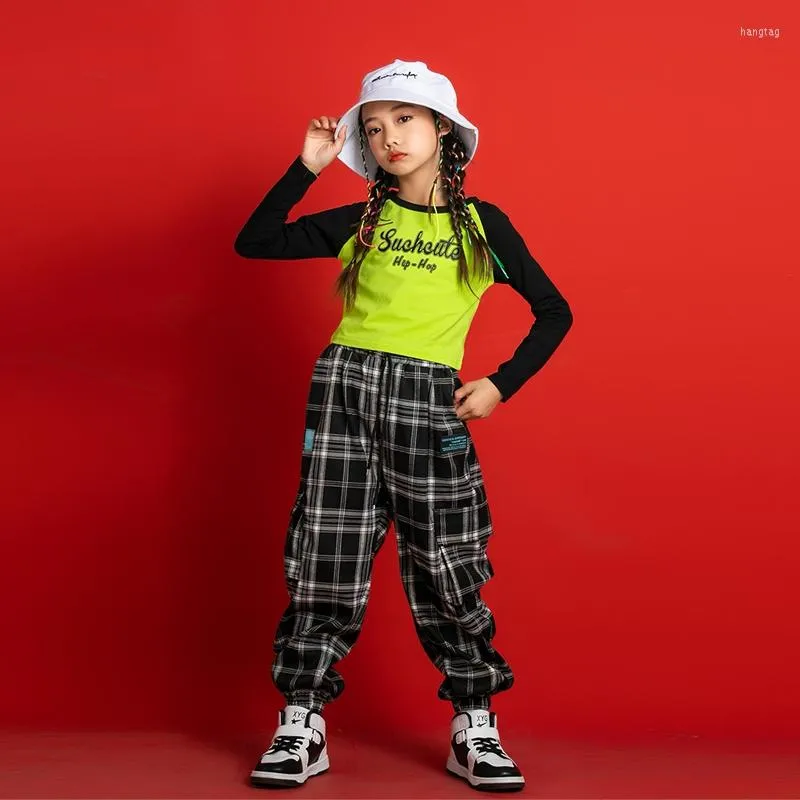 Vêtements de scène filles Cool Hip Hop vêtements vert haut court à manches longues t-shirt Streetwear Plaid Cargo pantalon pour enfants danse Costume vêtements