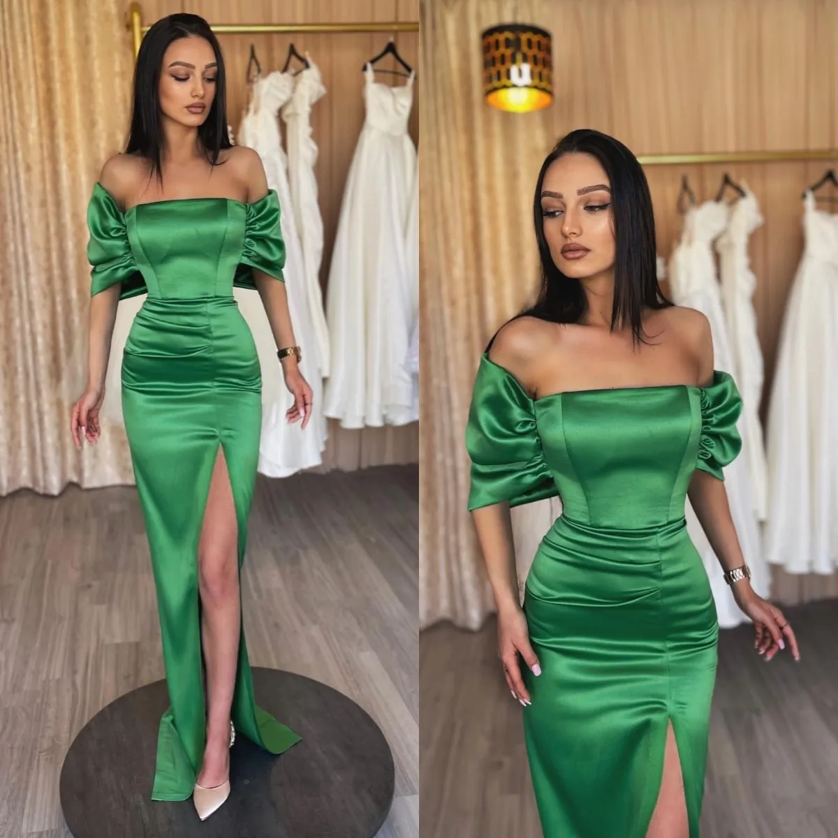 Chique groene galajurken off-shoulder feestavondjurken plooien split formele lange jurk voor speciale gelegenheden