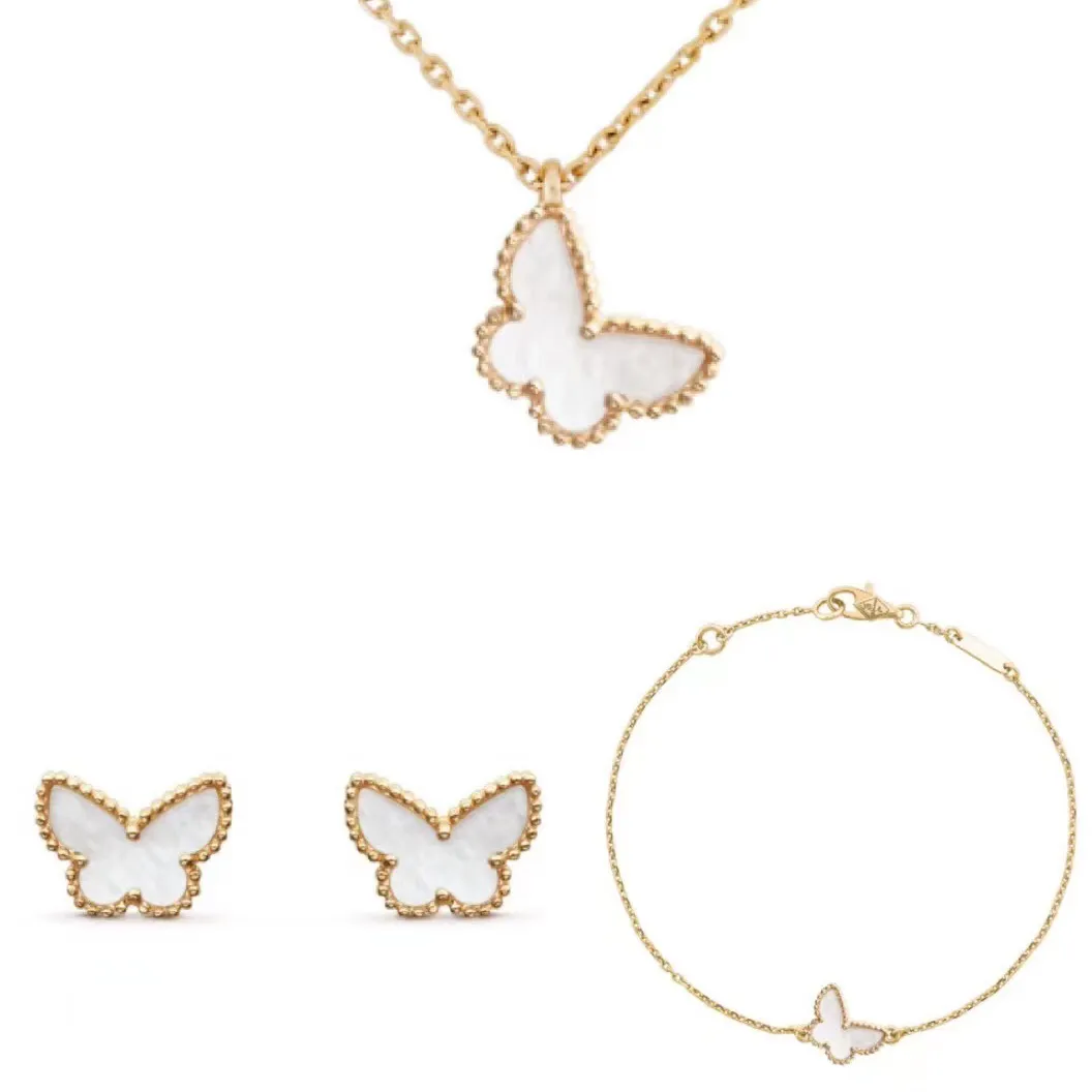 Designer necklace bracelet earrings luxury jewelry butterfly necklaces for women White Shell rose gold pendant Wedding gift stainless steel wholesale for resale