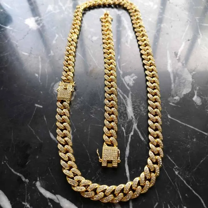 Halskette Ohrringe Set 12mm Hip Hop Full Bling Strass Gold Silber Farbe Miami Kubanische Kette Halsketten Armbänder Schmetterlingsverschluss Iced Out