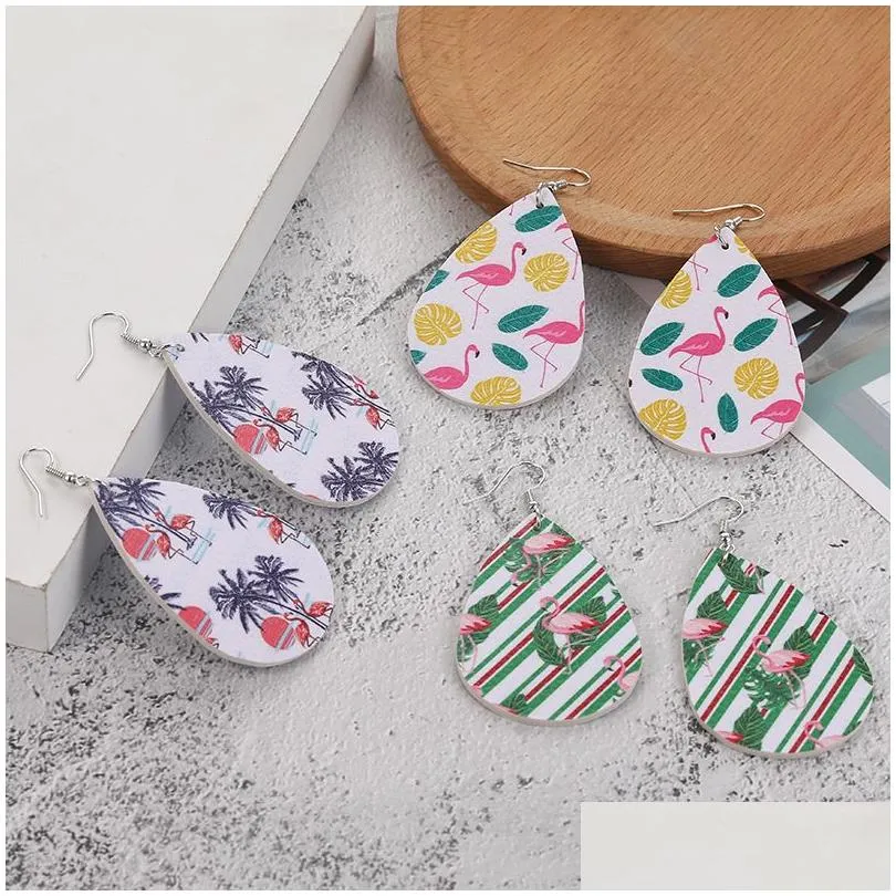 Charm Colorf Fashion Flamingo Leaves Leopard Print Pu Leather Earrings For Women Personality Earring Water Drop Oval Dangle Jewelry D Dhoio