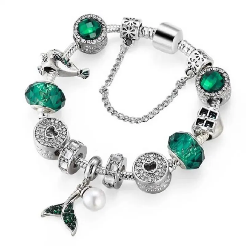 Moda 925 srebrna zielona zielona kryształowa kreskówka syrena ryba perłowa murano lampwork szklany europejski urok koraliki Dangle pasuje do Naszyjka Pandora Charm Bracelets