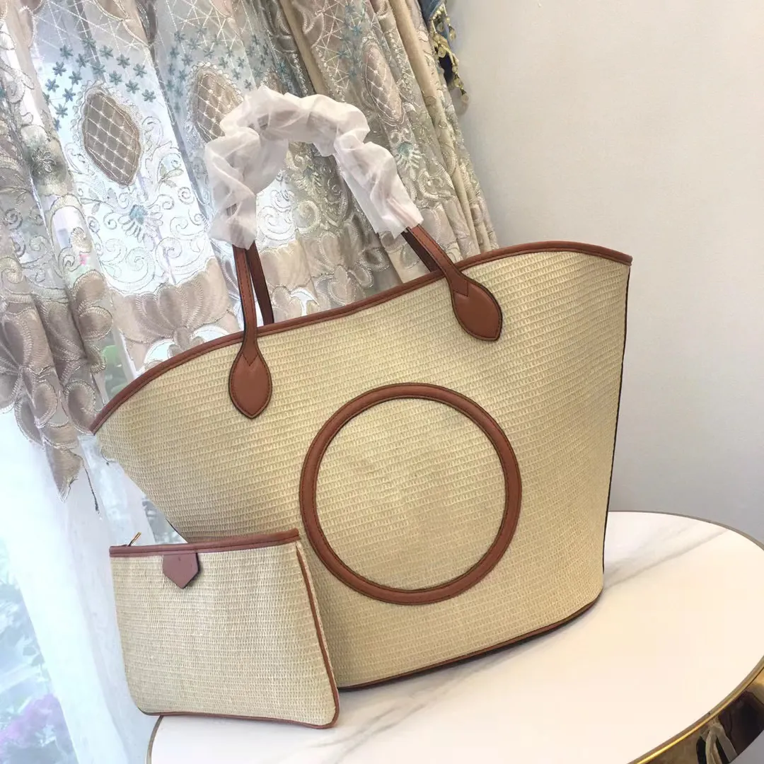 Vuittnno Raffia Basket Straw Shoulder Bag Large Beach Tote With Leather ...