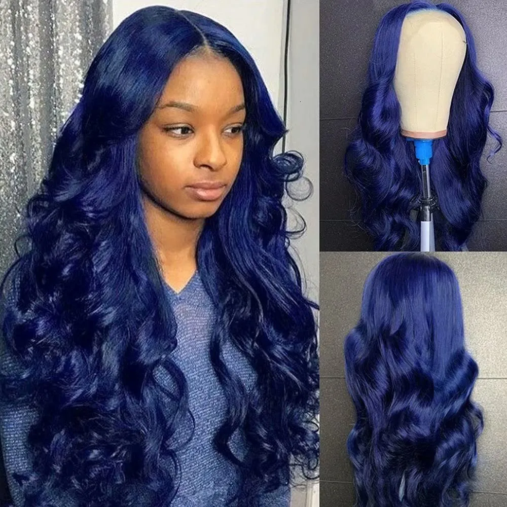 Hair pieces Dark Blue Water Wave Lace Frontal Synthetic Front Long For Black Woman With Baby Heat Resistant 230609