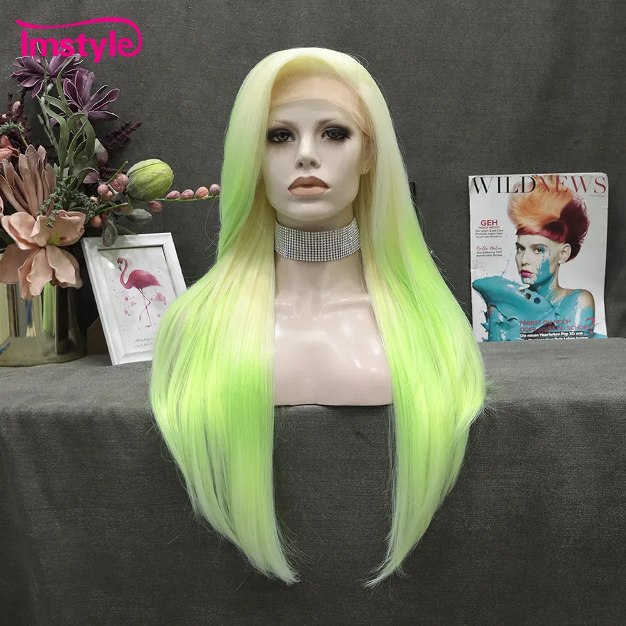 Perruques en dentelle Imstyle Ombre synthétique avant perruque vert clair pour les femmes cheveux raides sans colle fête haute température 230609