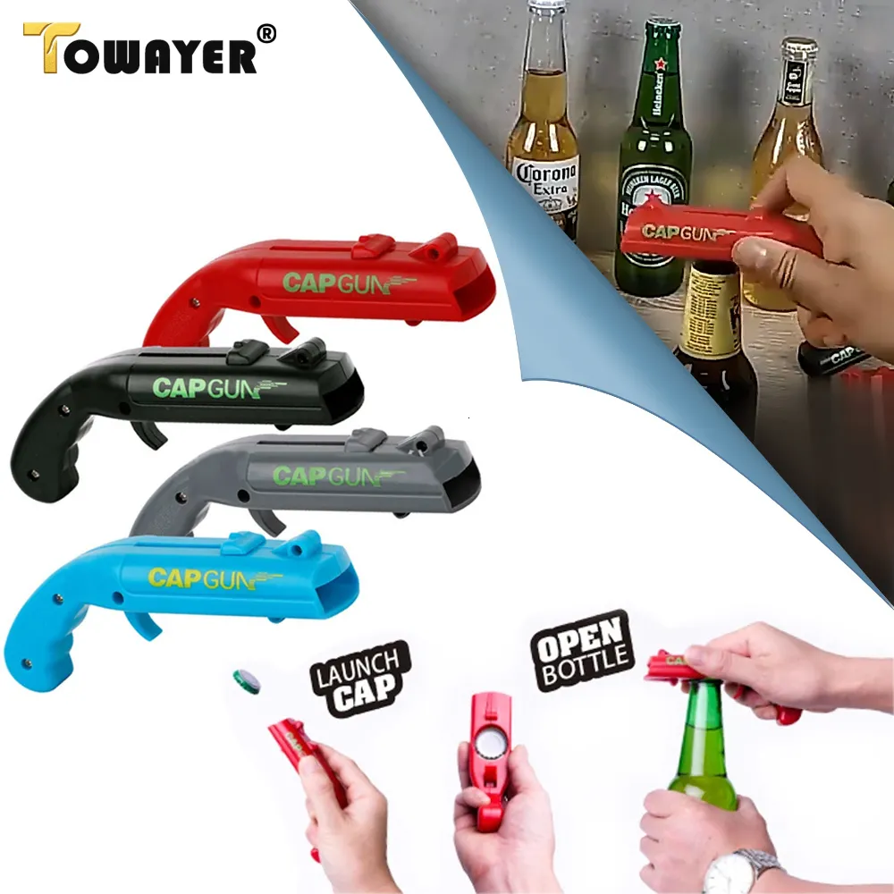 Öppnare Portable Cap Gun Beer Bottle Opener dryck Drickande öppningsskytte Skyttparty Supply Bar Tool Kitchen Accessories 230609