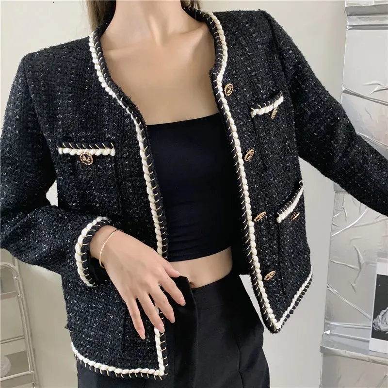 2023 Wo Jas Jas Vrouwen Bovenkleding Vrouwelijke Lente Herfst Tweed Ronde Hals Casual Jassen Kanaal Stijl Za Pak Cropped retro Tops 22