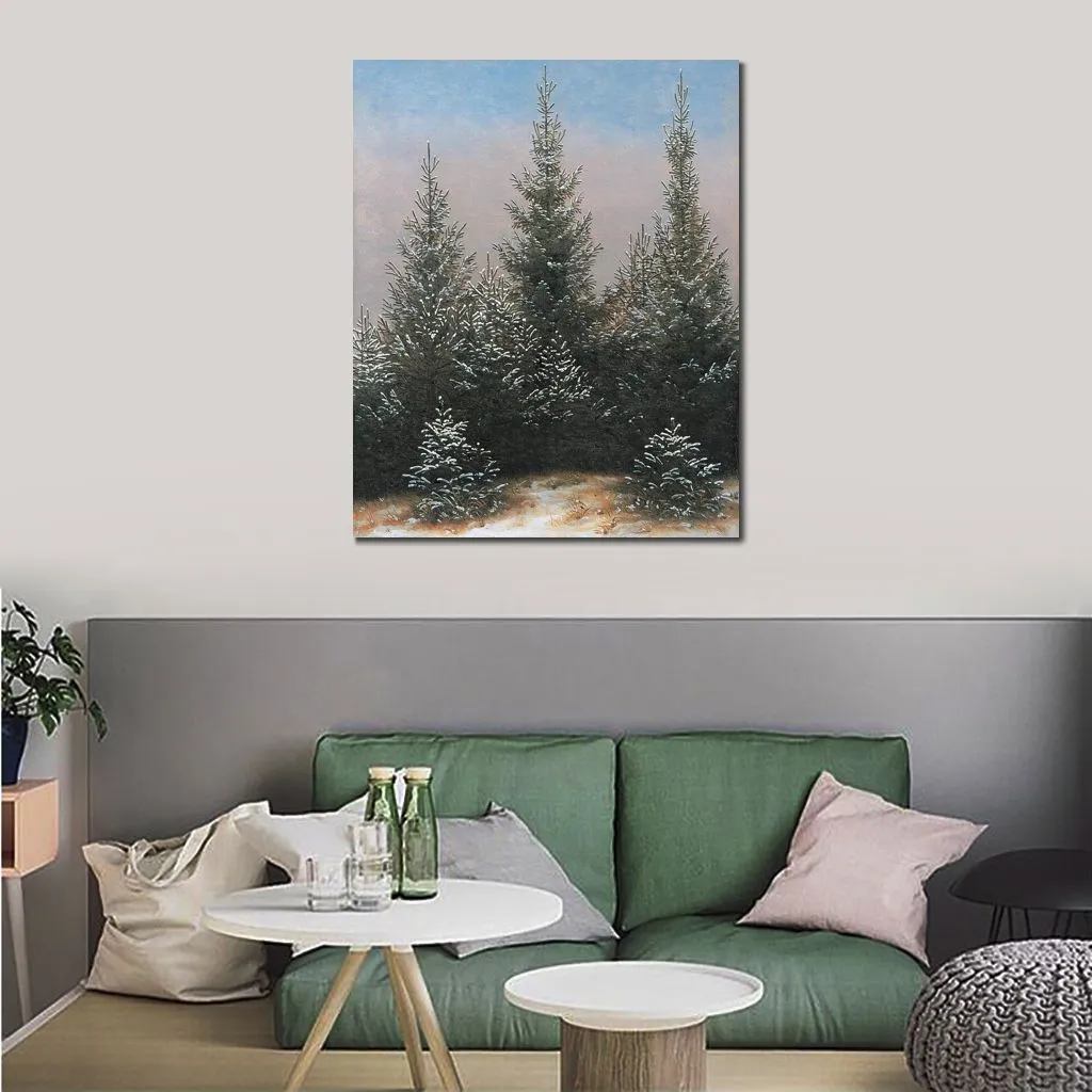Handcrafted Canvas Artwork Landscape Fir Trees in The Snow by Caspar David Friedrich Painting for Bathroom Contemporary