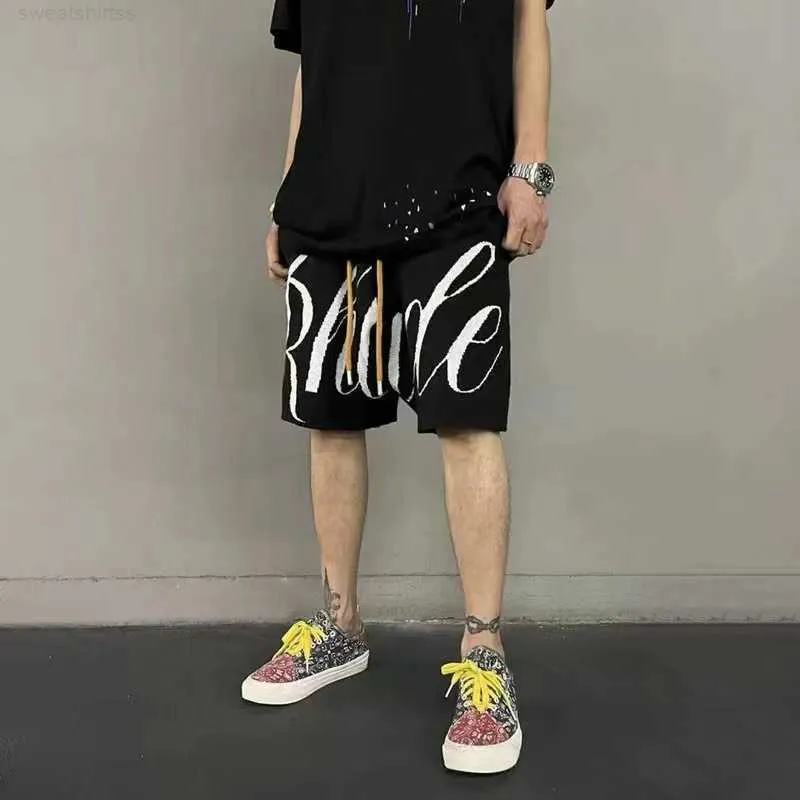 Shorts Masculino RHUDE Fashion Brand American Summer High Street Sports Casual Jacquard Tricot Solto Capris Shorts para Homens e Mulheres