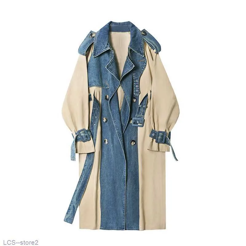 2020 Spring New Fashion Long Denim Splice Trench Coat Women Double Breasted High Quality Windbreaker Slim Outerwear E0007