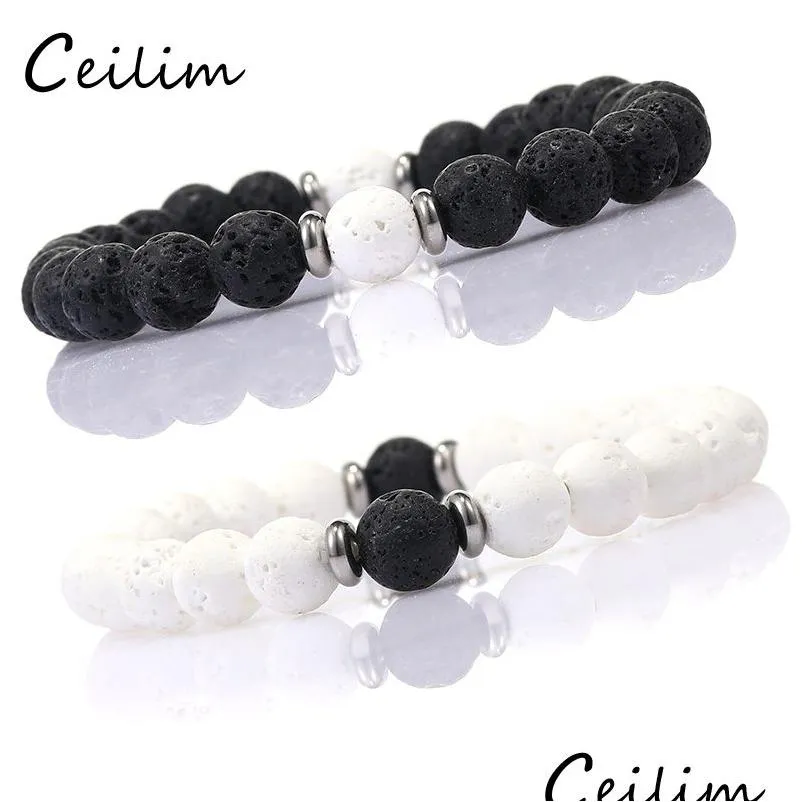 Bärda mode 8mm lava stenarmband Energy Healing Nce Black White Beads Armband för kvinnor Män Justerbar elastisk Yoga Drop Del Dhrmm
