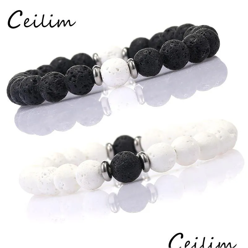 Perlen Mode 8mm Lava Stein Armbänder Energie Heilung Nce Schwarz Weiß Perlen Armband Für Frauen Männer Einstellbare Elastische yoga Drop Del Dhrmm