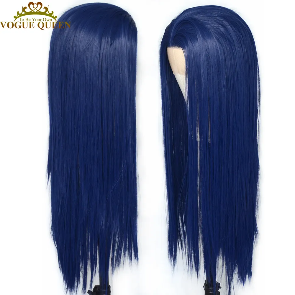 Lace Wigs Voguequeen Dark Blue Synthetic Front Wig Long Silky Straight Heat Resistant Fiber For Women 230609