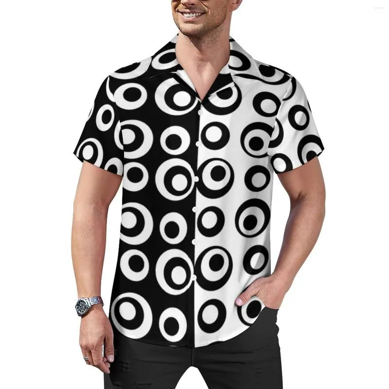 メンズカジュアルシャツ黒と白の2トーンビーチシャツmodラブサークルドットハワイアンマンヴィンテージブラウス半袖プリント服