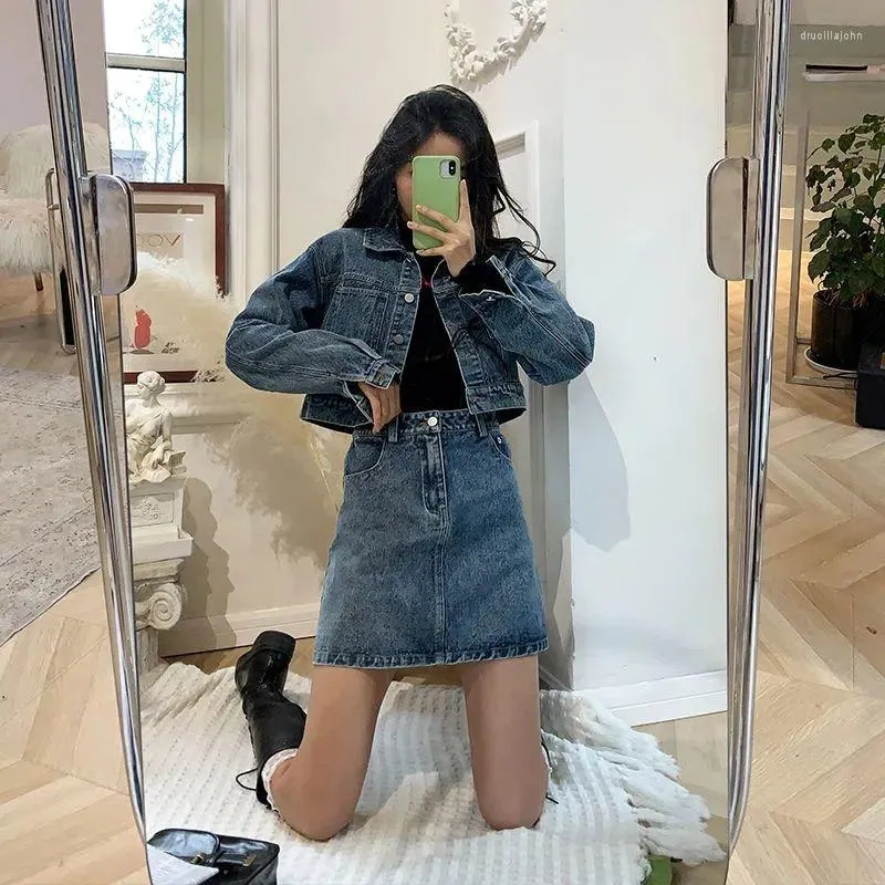 DHgate Western Denim Jacket Skirt Set Stylish Spring High Waist 2 Piece Cowgirl Outfit Apparel