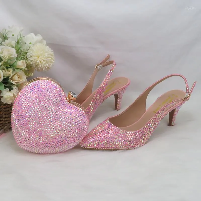 Sukienka buty 2023 serce Różowy bling spiczasty palca ślub i torba kobieta wysokie pompki cienkie obcasy sandały sandały