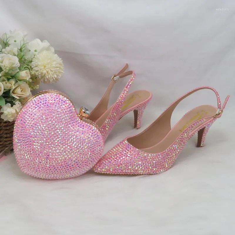 Vestido Sapatos 2023 Chegada Coração Rosa Bling Dedo Apontado Casamento E Bolsa Mulher Salto Alto Salto Fino Festa Slingbacks Sandálias