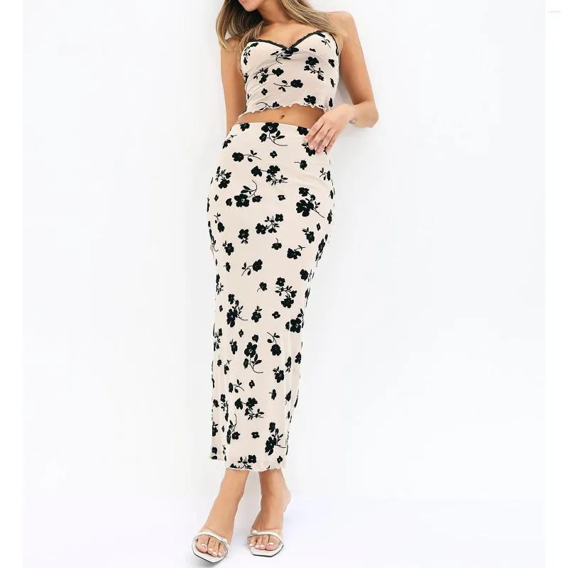 Débardeurs pour femmes Gaono Vintage femmes été 2 pièces tenues fleur imprimé col en V sangle spaghetti fronde débardeurs enveloppé hanche longues jupes ensemble